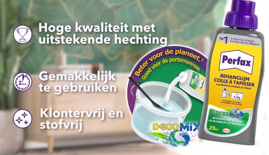 Perfax DecoMix 500 g Glasweefsel | Behanglijm concentraat flacon | Opbergbare Behanglijm concentraat | Makkelijk Mixbare Behanglijm | 80% minder plastic verbruik.
