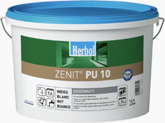 Herbol-Zenit PU 10-Zijdematte PU-Binnenmuren en plafonds, als hoogwaardige zijdematte afwerking voor o.a. glasvliesweefsel en overschilderbaar behang.12.5L