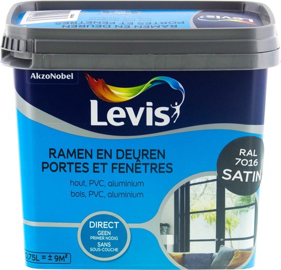 Levis Ramen en Deuren Verf - Satin - Anthracite Grey (Ral 7016) - 0.75L